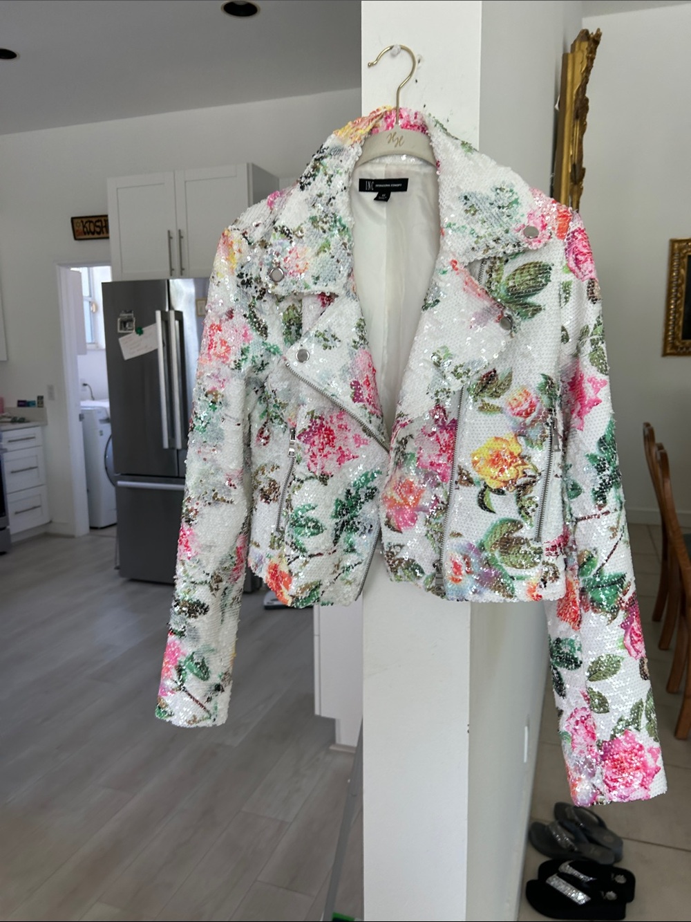 INC International Concepts White Sequin Floral Moto Jacket